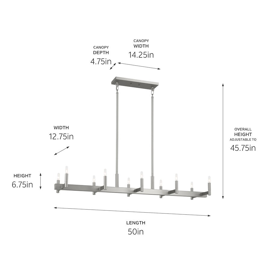 Kichler Erzo 50in 10-Light Linear Chandelier | Mid-Century Modern Satin Nickel Steel | Kitchen Island & Dining Room | Model 52614SN