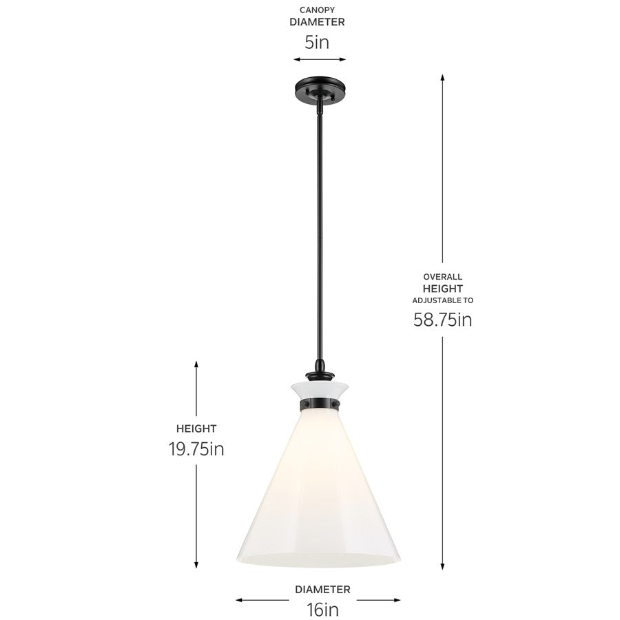 Kichler Laria 16" 1 Light Pendant, Black/Opal Glass