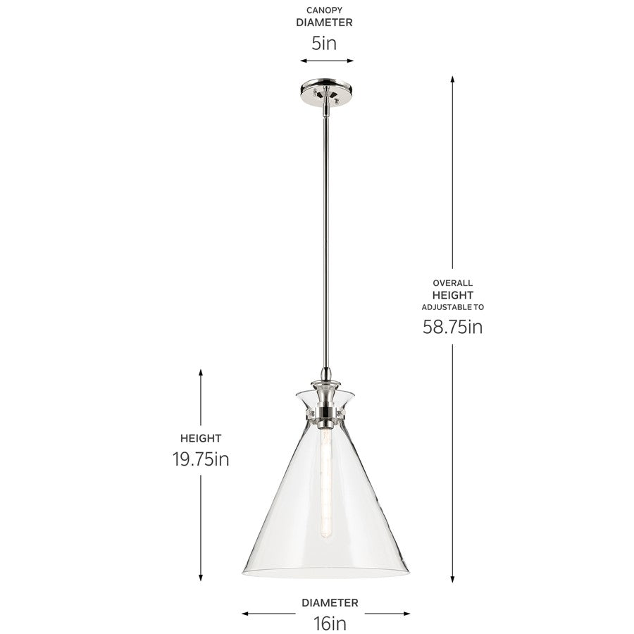 Kichler Laria 16" 1 Light Pendant, Polished Nickel/Clear Glass