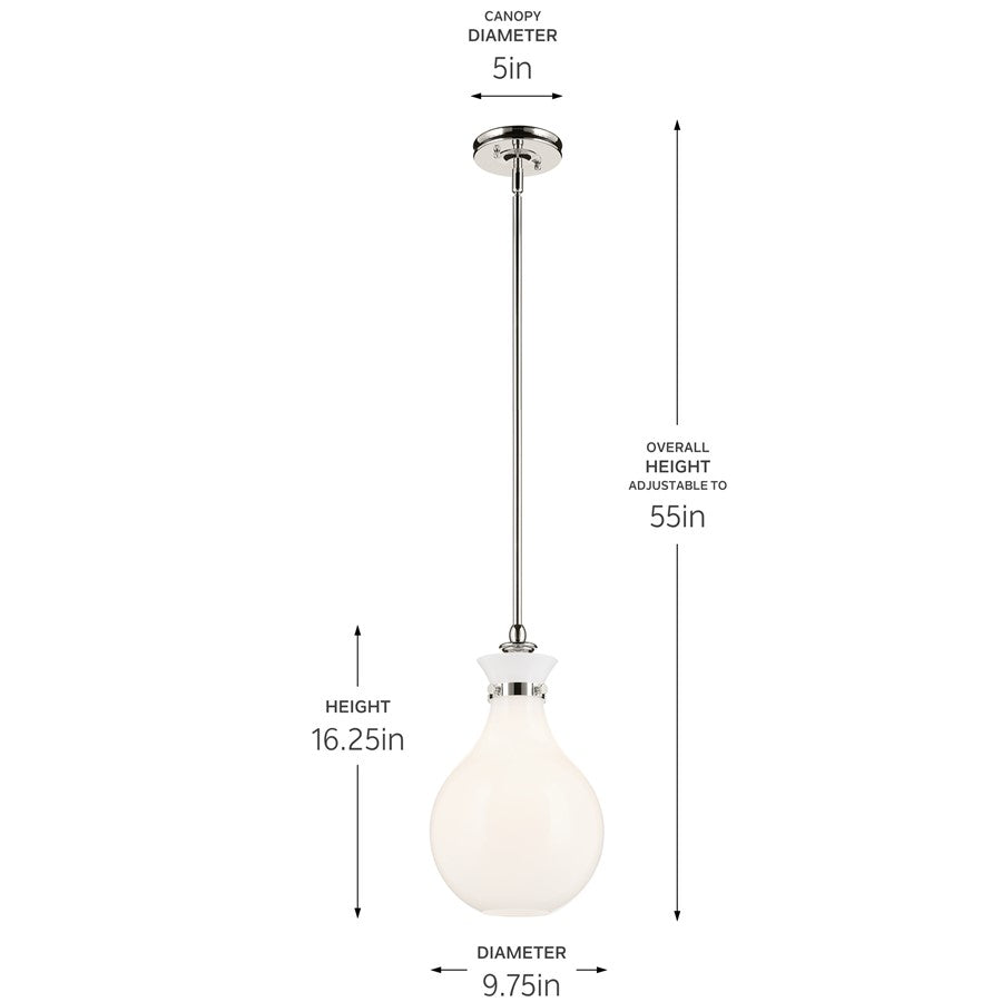 Kichler Laria 9.75" 1 Light Pendant, Polished Nickel/Opal Glass