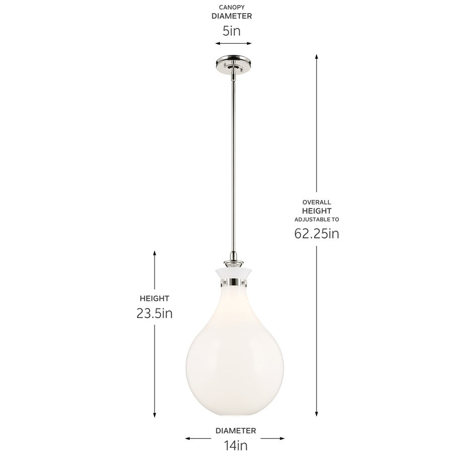 Kichler Laria 14" 1 Light Pendant, Polished Nickel/Opal Glass