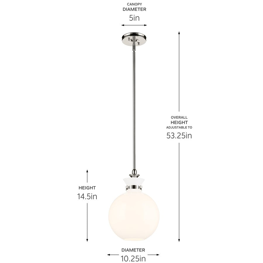 Kichler Laria 10.25" 1 Light Pendant, Polished Nickel/Opal Glass