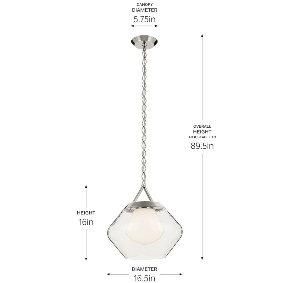 Kichler Nella 16" 1 Light Pendant, Nickel/Clear Outer/Opal Interior