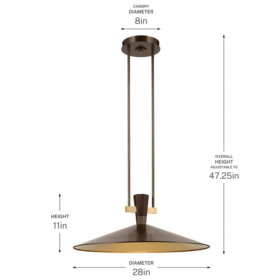 Kichler Tenon 28in 1-Light LED Pendant | Industrial Lacquered Bronze and Walnut | Kitchen Island & Dining Room | 11in H | Model 52833LBZLED