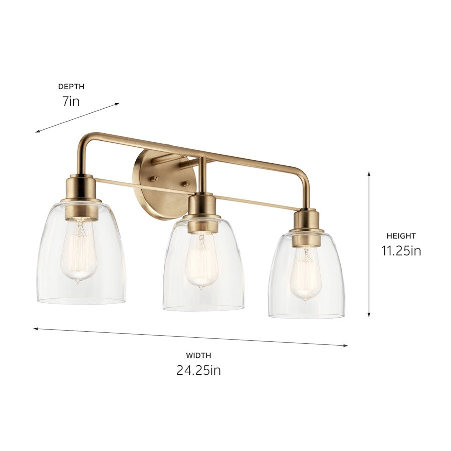 Kichler Meller 24in 3-Light Vanity Light | Industrial Champagne Bronze & Clear Glass | Bathroom & Powder Room Vanity | 60W Per Socket | Model 55102CPZ