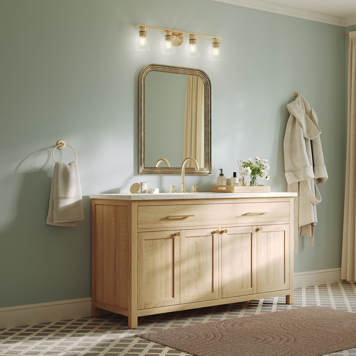 Kichler Stamos 31.25in 4-Light Vanity Light | Modern Brushed Gold Steel and Clear Satin Etched Glass | Bathroom Vanity | 31.25 x 8.25 in | Model 55122BGCLR