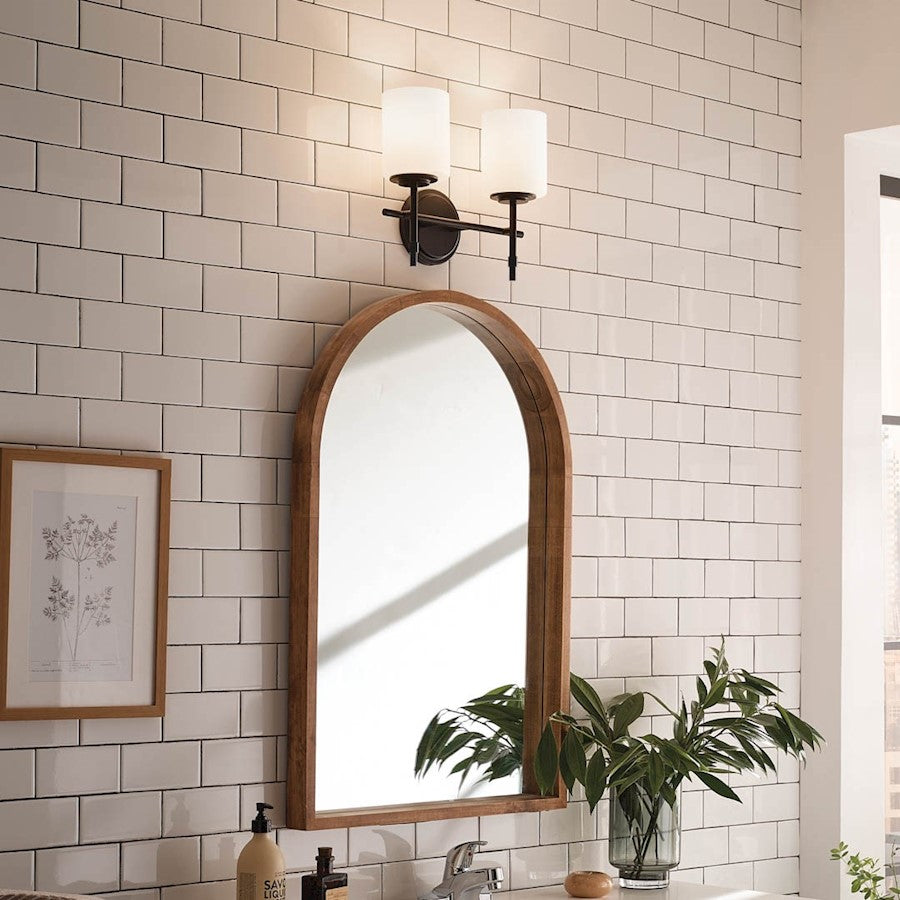 Kichler Ali 14in 2-Light Vanity Light | Black Steel & Satin Etched Opal Glass | Bathroom & Powder Room Light | Damp Rated, Dimmable | Model 55141BK