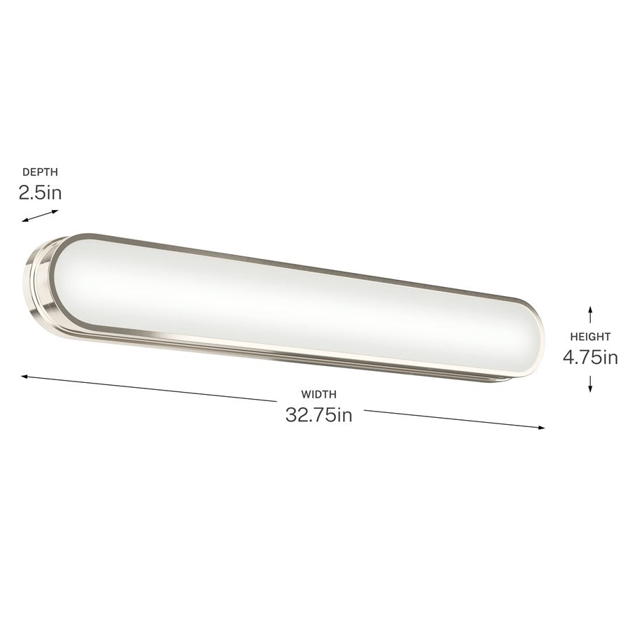 Kichler Daines 32.75in 1-Light LED Bath Bar | Modern Polished Nickel and White Glass | Bathroom Vanity | 32.75 x 4.75 x 2.5 in | Model 55248PNLED