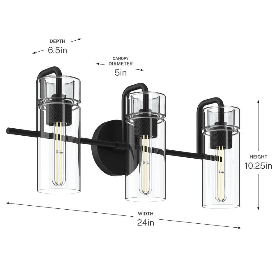 Kichler Niccol 24in 3-Light Vanity Light | Modern Black and Clear Glass | Bathroom Vanity | 24 x 10 x 7 in | Model 55252BK