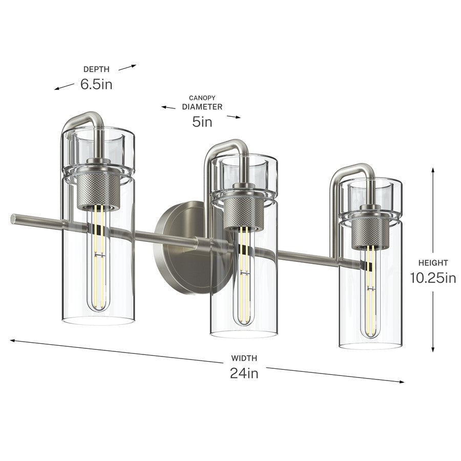 Kichler Niccol 24in 3-Light Vanity Light | Modern Brushed Nickel and Clear Glass | Bathroom Vanity | 24 x 10 x 7 in | Model 55252NI