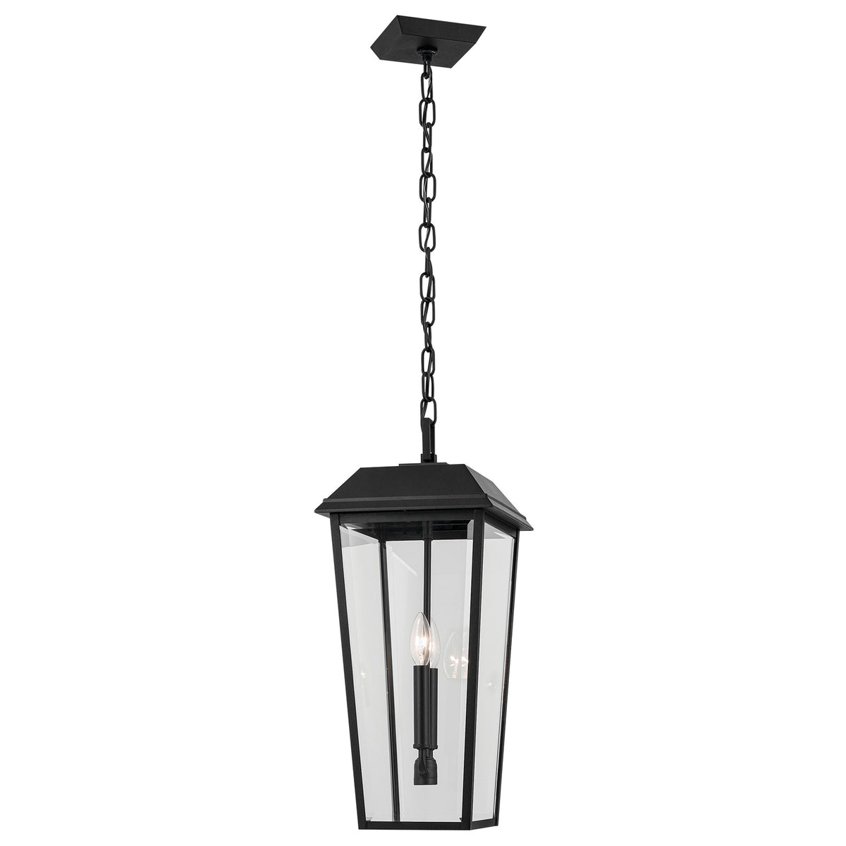 Kichler Mathus 9.5in 2-Light Outdoor Pendant | Traditional Textured Black and Clear Beveled Glass | Covered Patio & Entryway | Model 59122BKT