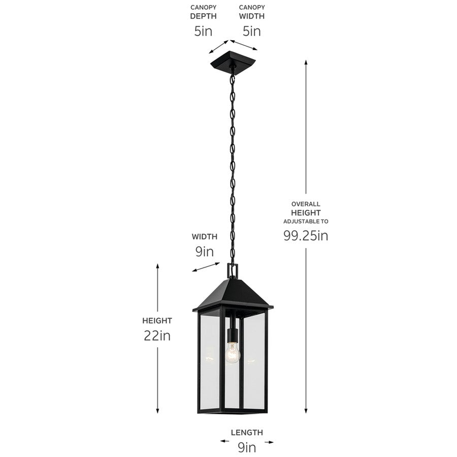 Kichler Prin 22in 1-Light Outdoor Pendant | Traditional Black Aluminum and Clear Glass | Porch & Patio | 9 x 9 x 22 in | Model 59160BK