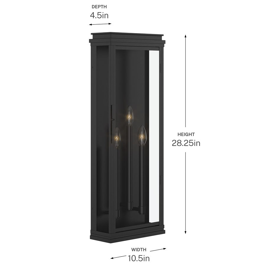 Kichler Lundon 28.25in 3-Light Outdoor Wall Light | Traditional Black Aluminum and Clear Glass | Porch & Patio | 10.5 x 28.25 x 4.5 in | Model 59165BK