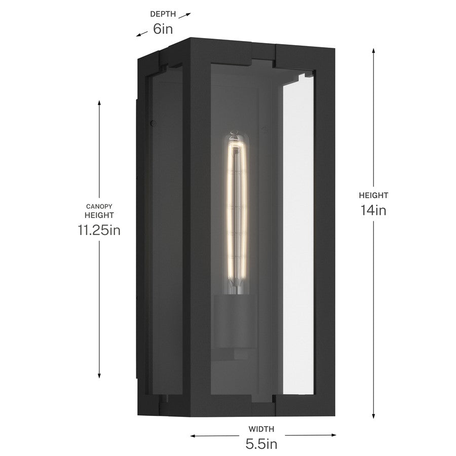 Kichler Calen 14in 1-Light Outdoor Wall Light | Modern Textured Black Aluminum and Clear Glass | Covered Patio & Entryway | Model 59208BKT