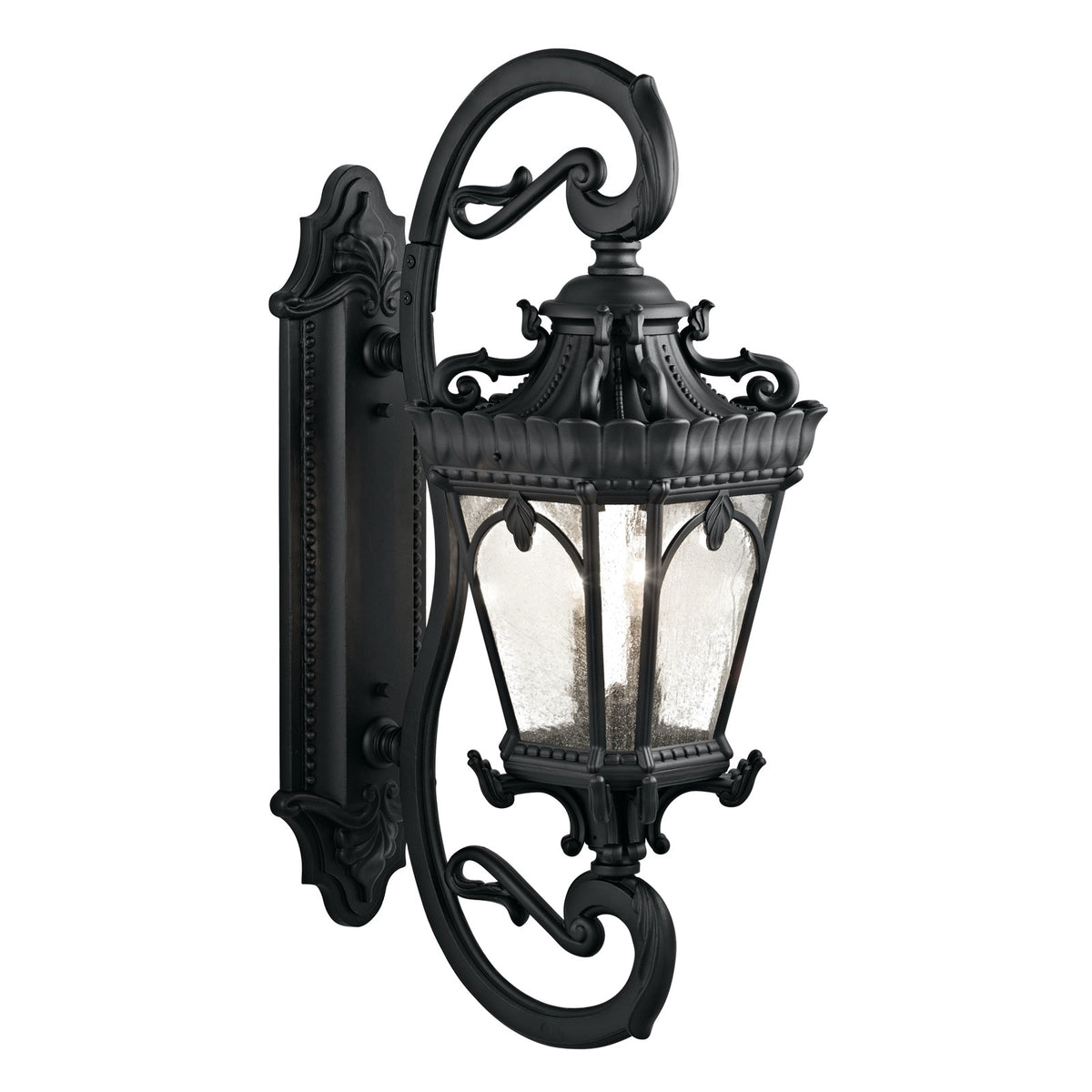 Kichler Tournai 14in 4-Light Outdoor Wall Sconce | Traditional Textured Black and Clear Seeded Glass | Covered Patio & Entryway | Model 9359BKT