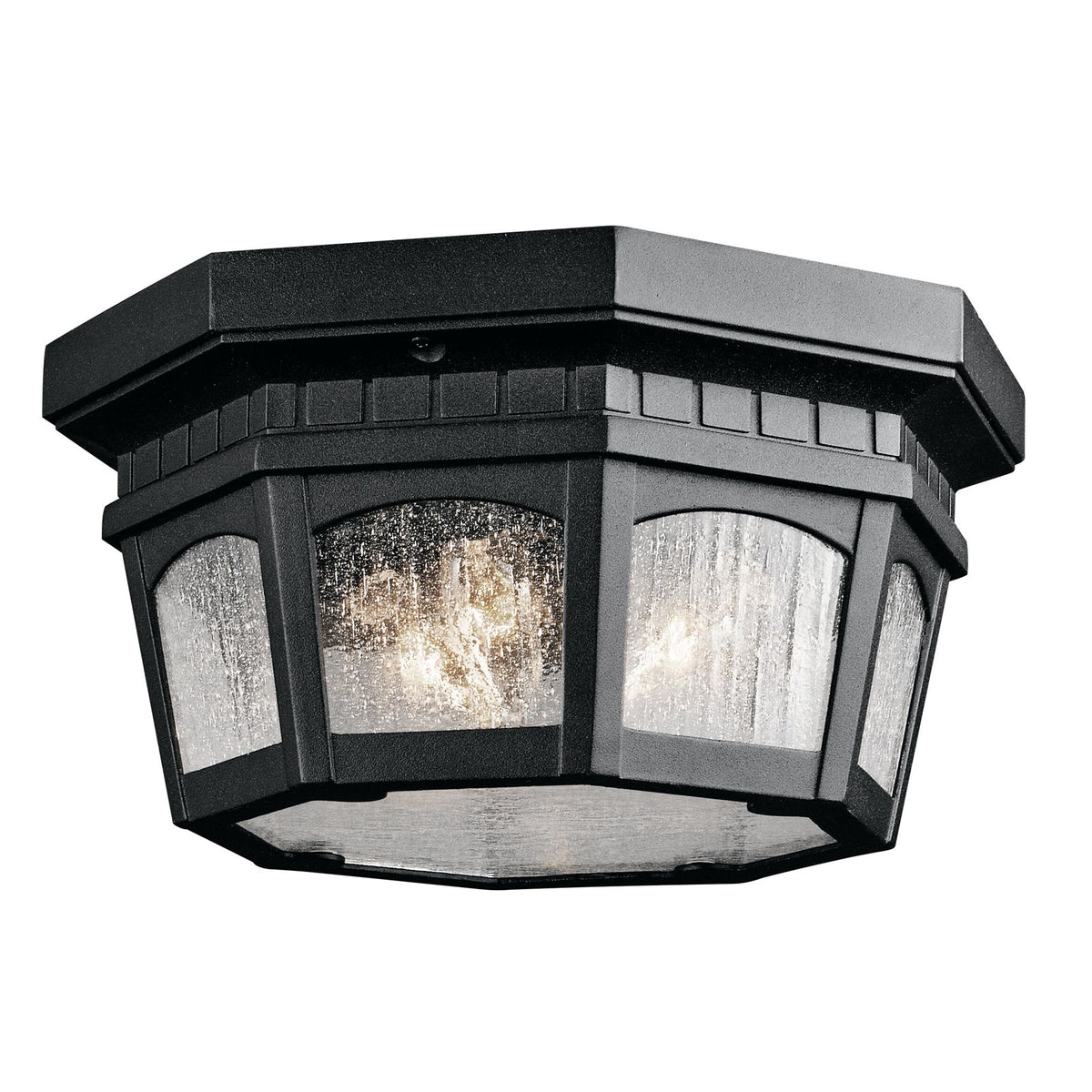 Kichler Courtyard 12in 3-Light Flush Mount | Traditional Textured Black and Clear Seeded Glass | Covered Patio & Porch | Model 9538BKT