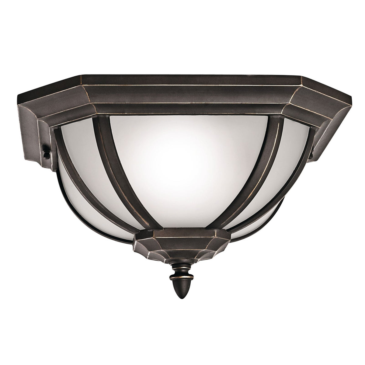 Kichler Salisbury 13.5in 2-Light Outdoor Flush Mount | Transitional Rubbed Bronze and White Linen Glass | Covered Porch | Model 9848RZ