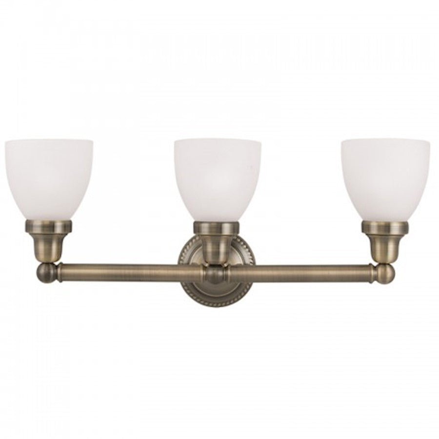Livex Lighting Classic 24in 3-Light Vanity Light | Traditional Antique Brass and Satin Opal White Glass | Bathroom Vanity | Model 1023-01