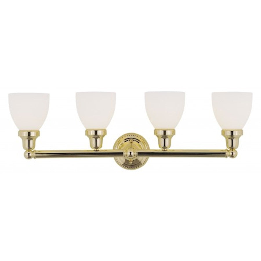 Livex Lighting Classic 30in 4-Light Bathroom Vanity Light | Traditional Polished Brass and Satin Opal White Glass | Bathroom Vanity | Model 1024-02