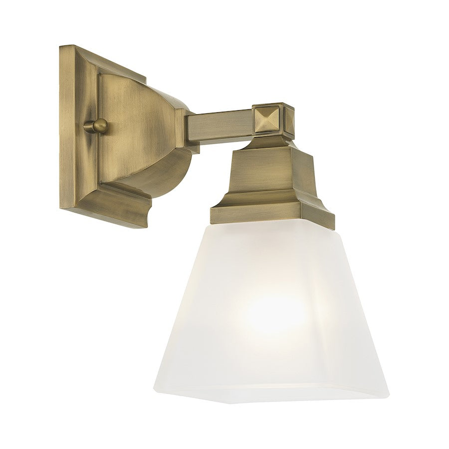 Livex Lighting Mission 1-Light Bathroom Vanity Wall Sconce | Antique Brass and White Satin Glass | Bathroom & Powder Room | 9.5 in H | Model 1031-01