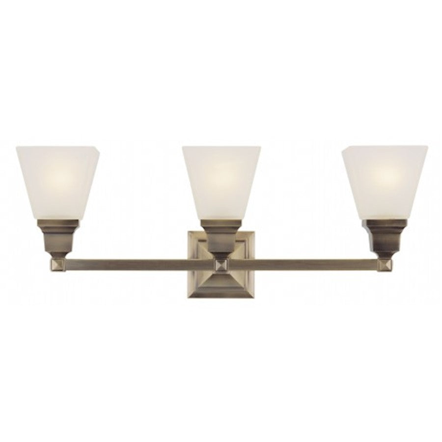 Livex Lighting Mission 25in 3-Light Bathroom Vanity Light | Traditional Antique Brass and Satin Glass | Bathroom Vanity | Model 1033-01