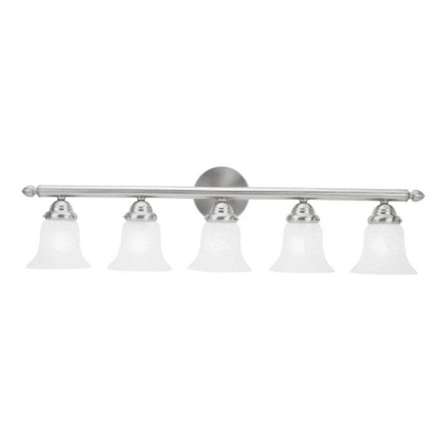 Livex Lighting Neptune 32in 5-Light Bathroom Vanity Light | Transitional Brushed Nickel and White Alabaster Glass | Bathroom Vanity | Model 1065-91