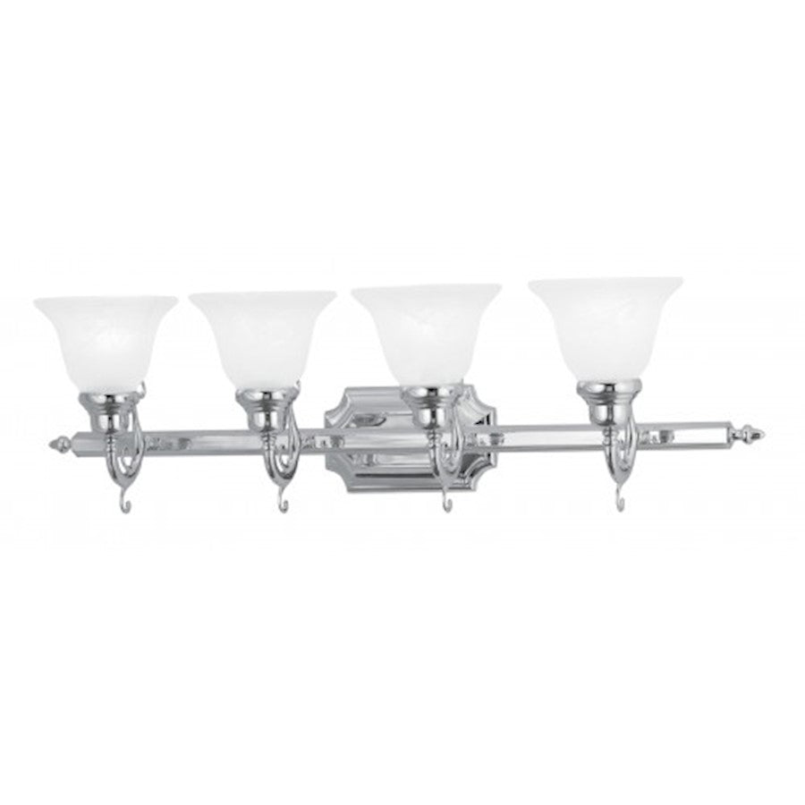 Livex Lighting French Regency 33in 4-Light Bathroom Vanity Light | Chrome and White Alabaster Glass | Bathroom Vanity | Model 1284-05