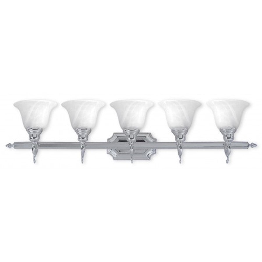 Livex Lighting French Regency 40in 5-Light Vanity Light | Traditional Chrome and White Alabaster Glass | Bathroom Vanity | Model 1285-05