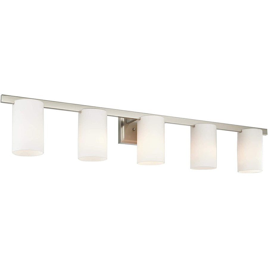 Livex Lighting Astoria 44in 5-Light Bathroom Vanity Light | Transitional Brushed Nickel and Satin Opal White Glass | Bathroom Vanity | Model 1335-91