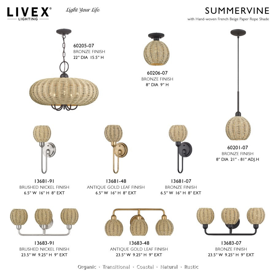Livex Summervine 1Lt Single Sconce, Nickel/Hand-Woven French Beige