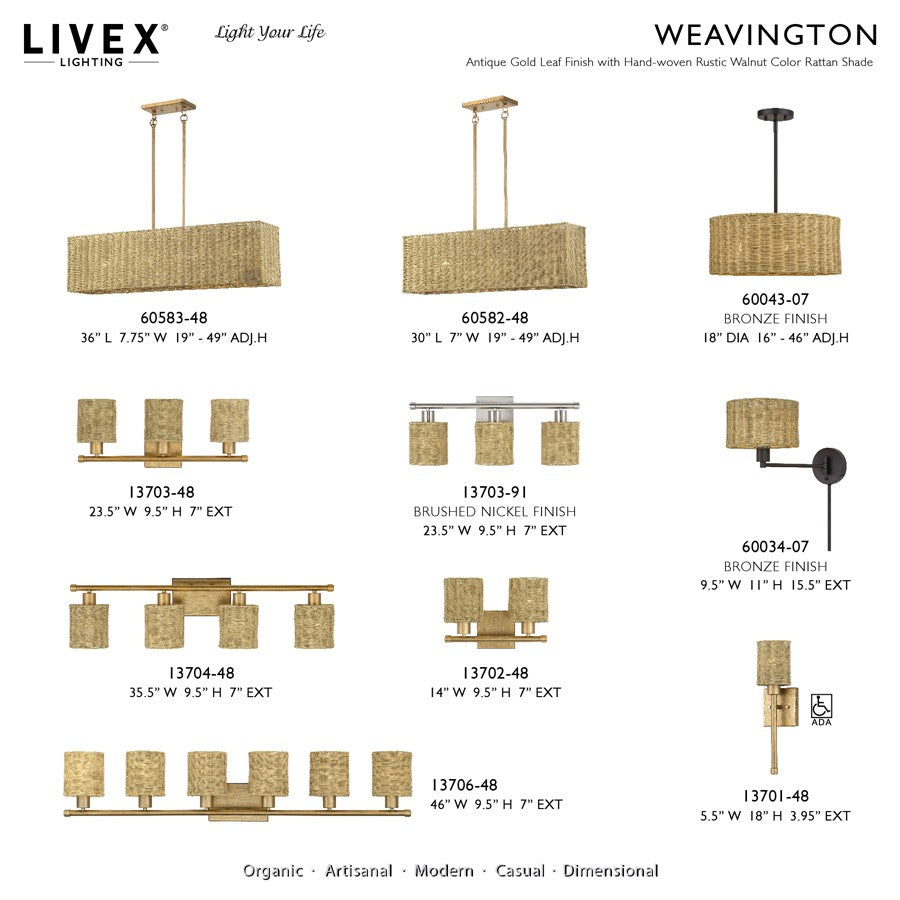 Livex Weavington 2Lt Vanity Sconce, Gold/Hand-Woven Rustic Walnut