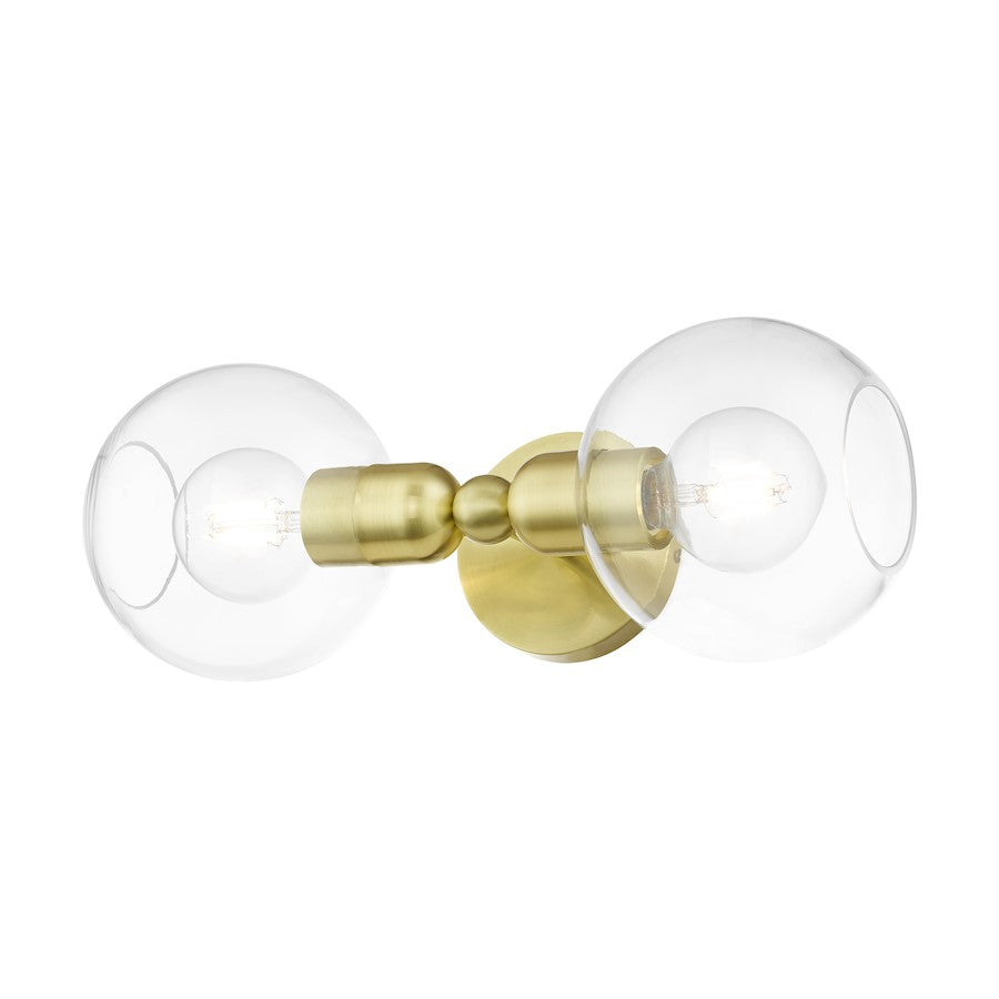 Livex Downtown 2 Light Sphere Vanity Sconce, Satin Brass/Clear