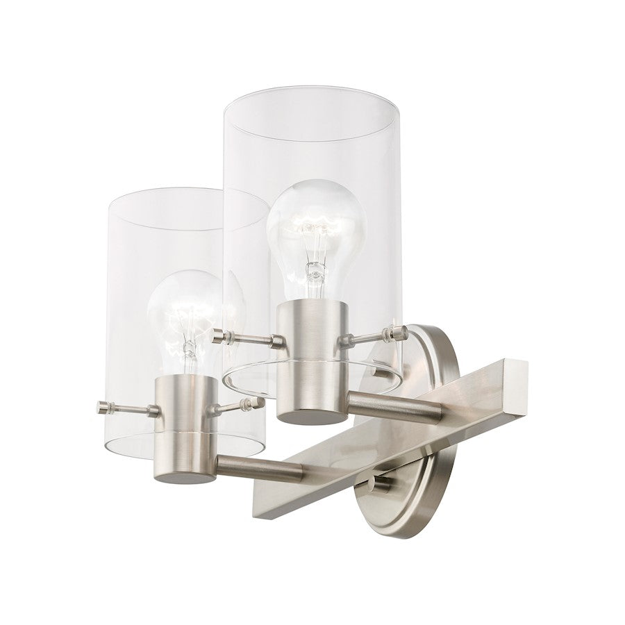 Livex Munich 2 Light Vanity Sconce, Brushed Nickel/Clear