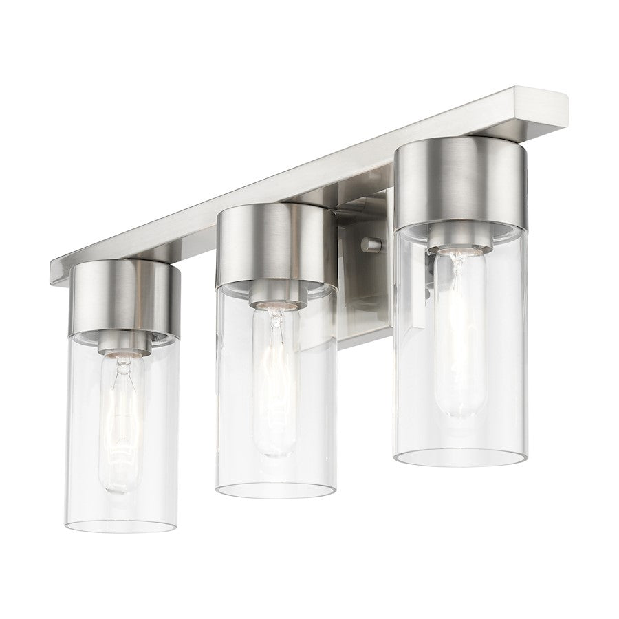 Livex Carson 3 Light Vanity Sconce, Brushed Nickel/Clear