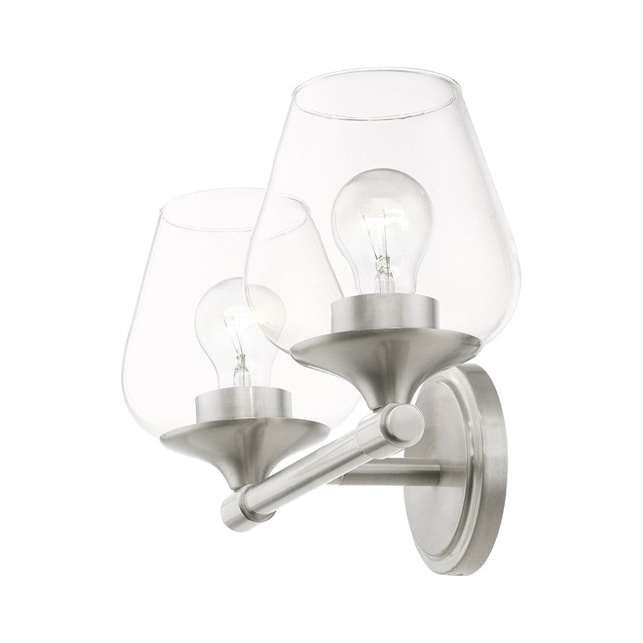 Livex Willow 2 Light Vanity Sconce, Brushed Nickel/Clear