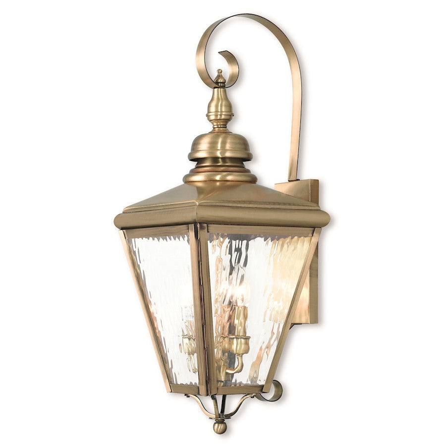 Livex Cambridge 3 Light Outdoor Wall Lantern, Brass/Clear Water