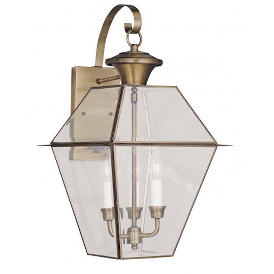 Livex Lighting Westover 23in 3-Light Outdoor Wall Lantern | Traditional Antique Brass and Clear Beveled Glass | Front Door & Patio | Model 2381-01