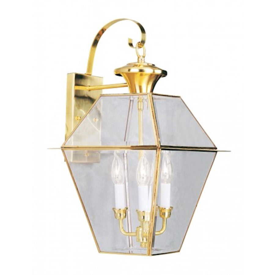 Livex Lighting Westover 23in 3-Light Outdoor Wall Lantern | Traditional Polished Brass and Clear Beveled Glass | Front Porch | Model 2381-02