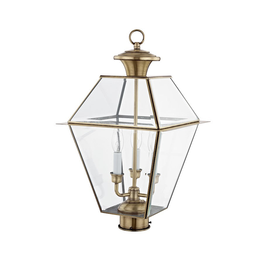 Livex Lighting Westover 22in 3-Light Outdoor Post Head | Traditional Antique Brass and Clear Beveled Glass | Driveway & Walkway | Model 2384-01
