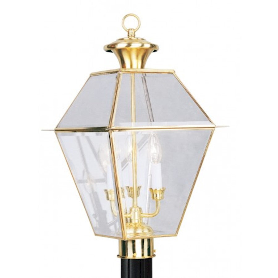 Livex Lighting Westover 22in 3-Light Outdoor Post Head | Traditional Polished Brass and Clear Beveled Glass | Driveway & Walkway | Model 2384-02