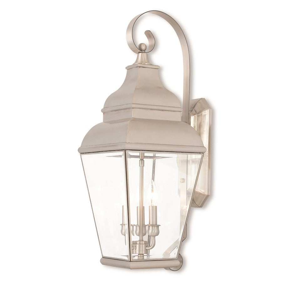 Livex Exeter 3 Light Outdoor Wall Lantern, Nickel/Clear Beveled Glass