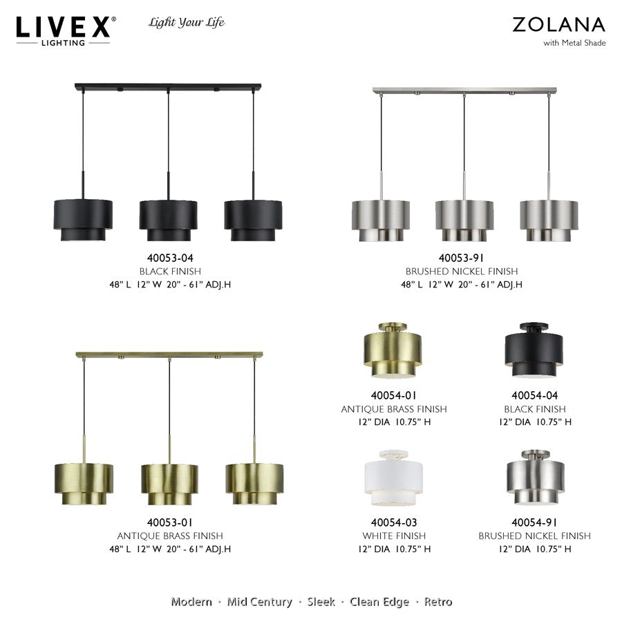 Livex Zolana 2Lt Medium Semi-Flush, Black/Black Steel/Shiny White