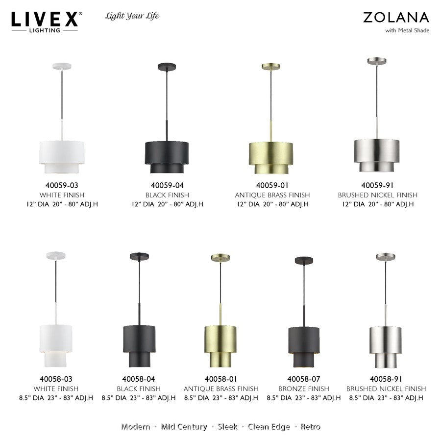Livex Zolana 1Lt Pendant, Nickel/Nickel Steel/Shiny White