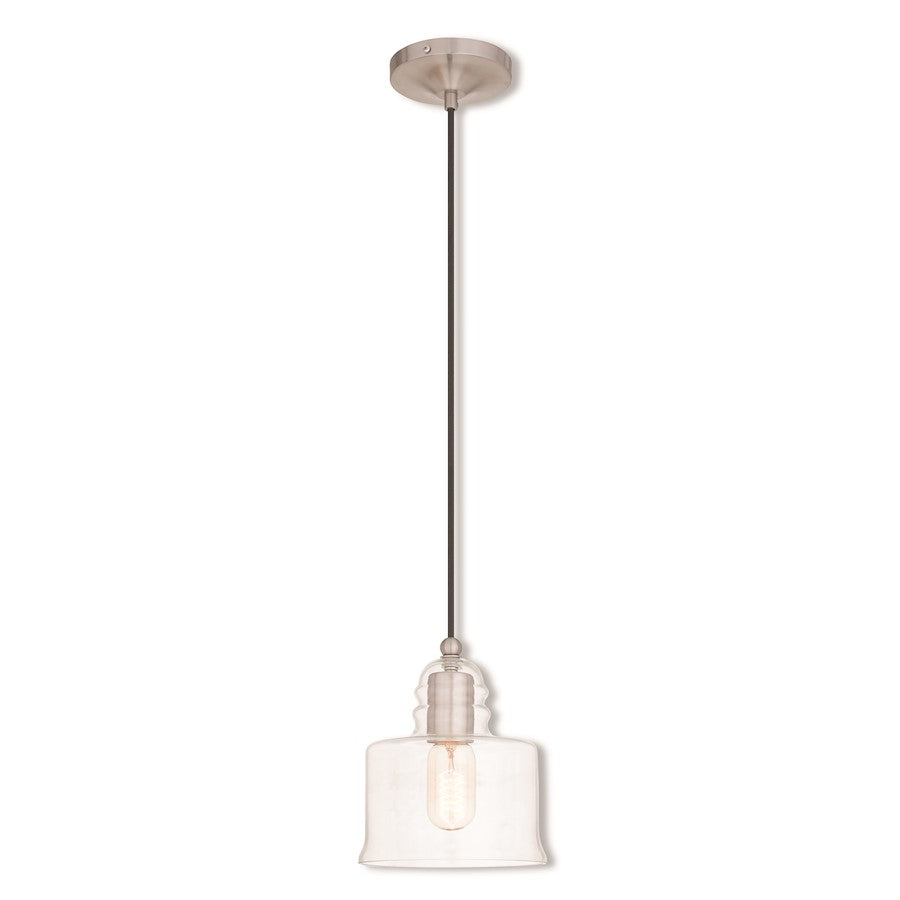 Livex Art Glass 6.75" 1 Light Mini Pendant, Brushed Nickel/Clear