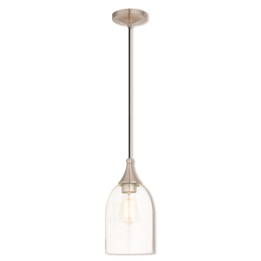 Livex Art Glass 13.5" 1 Light Mini Pendant, Brushed Nickel/Clear