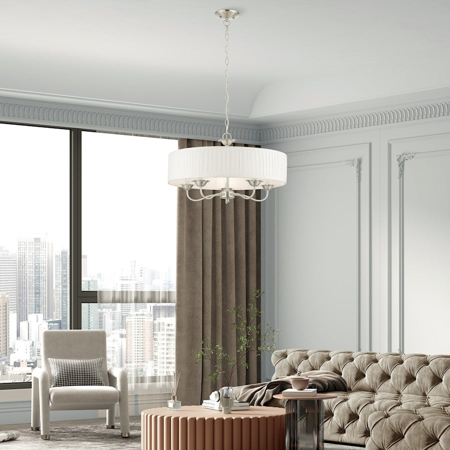 Livex Edinburgh 5 Light Pendant Chandelier, Nickel/Off-White/White