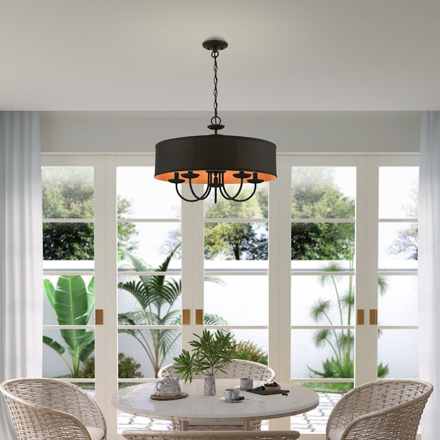 Livex Winchester 5 Light Pendant Chandelier, Black/Black/Orange