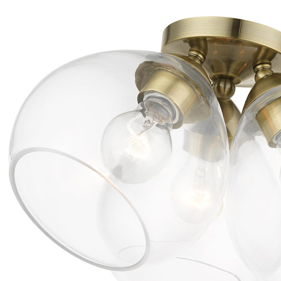 Livex Catania 3 Light Semi-Flush, Antique Brass/Clear