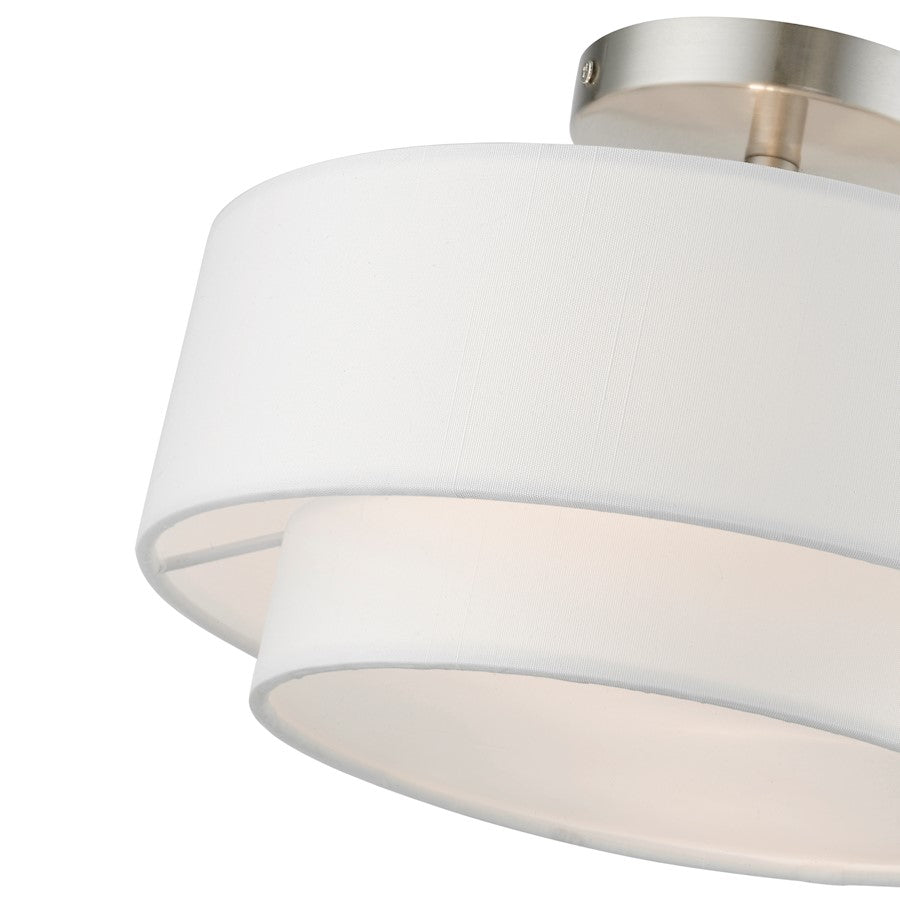 Livex Meridian 2 Light 12" Semi-Flush, Nickel/Off-white/White Fabric