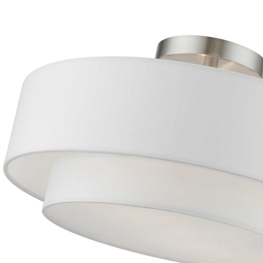 Livex Meridian 2 Light 15" Semi-Flush, Nickel/Off-white/White Fabric
